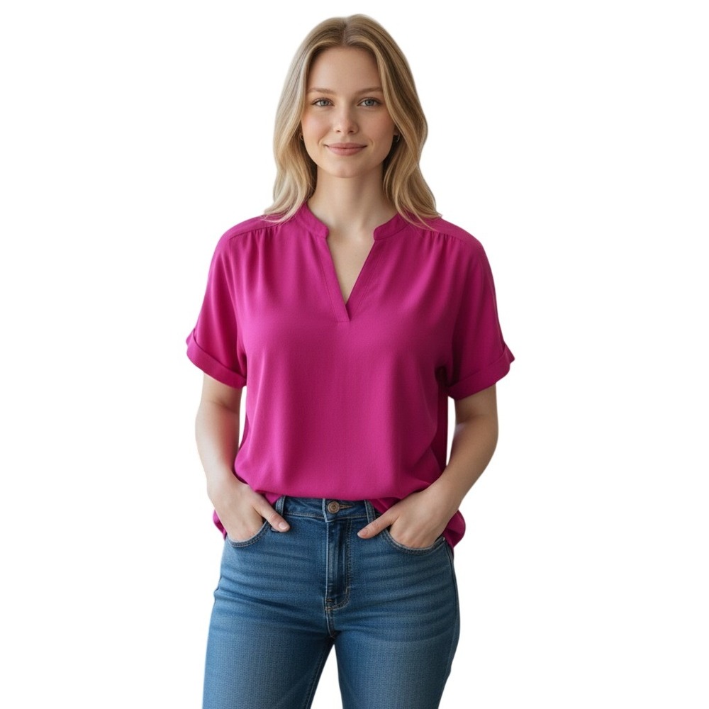 Vince Camuto Bloom Plum Rumple V-Neck Blouse 91225B219 Magenta Pink XL NWT